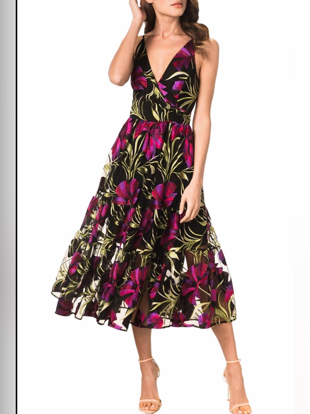 Dress the Population Black Midi Dress with Fuchsia Floral Print